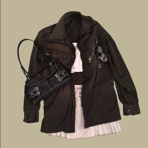 vintage y2k grunge skater oversized button up blouse dark forest green brown